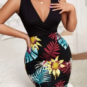 Shein Tropical Print Surplice Neck Bodycon Dress
